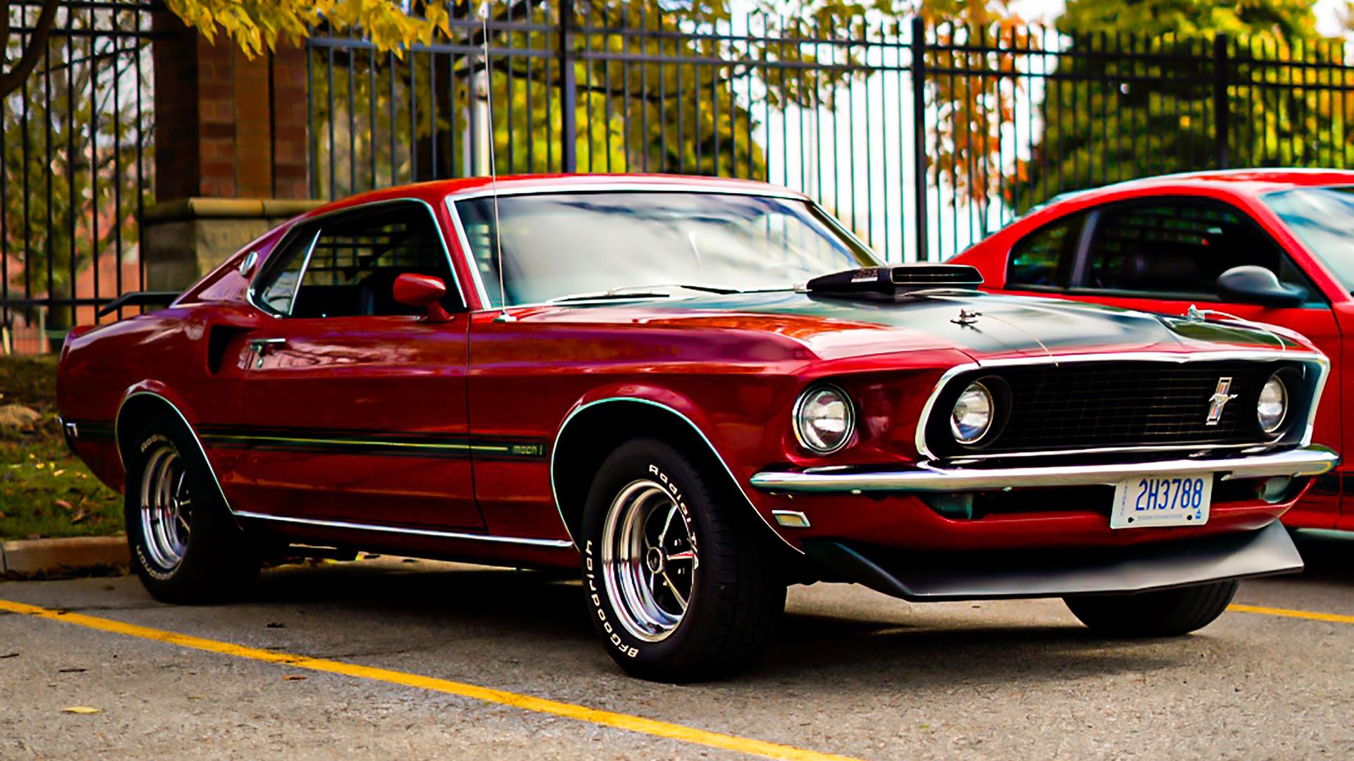 Red vintage Ford Mustang parked in a lot during autumn, showcasing muscle car design.