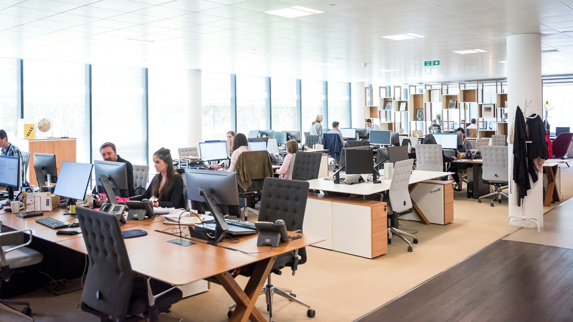 people working at desks in open office