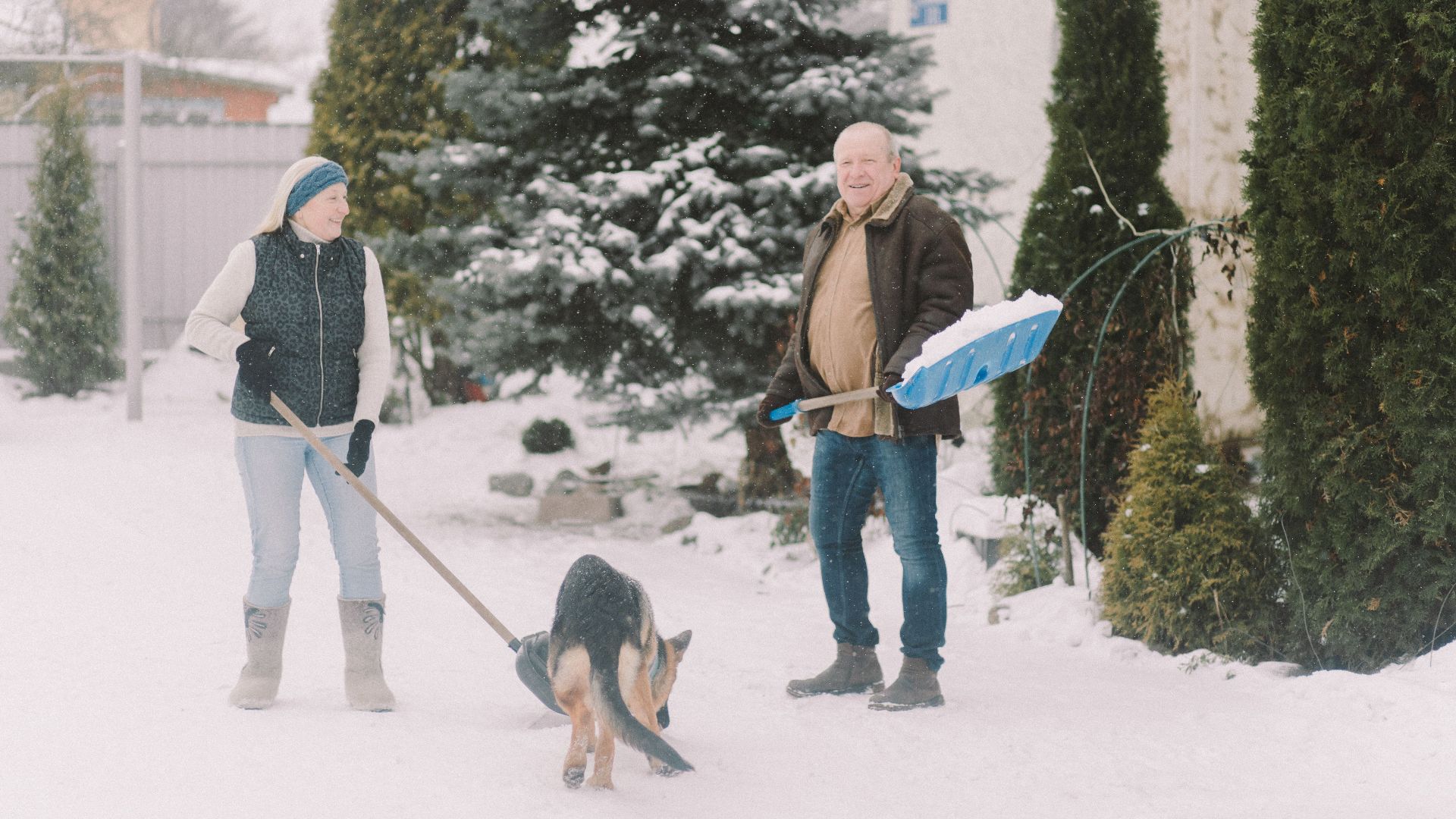 Happy senior couple shoveling snow with their dog on a winter day.