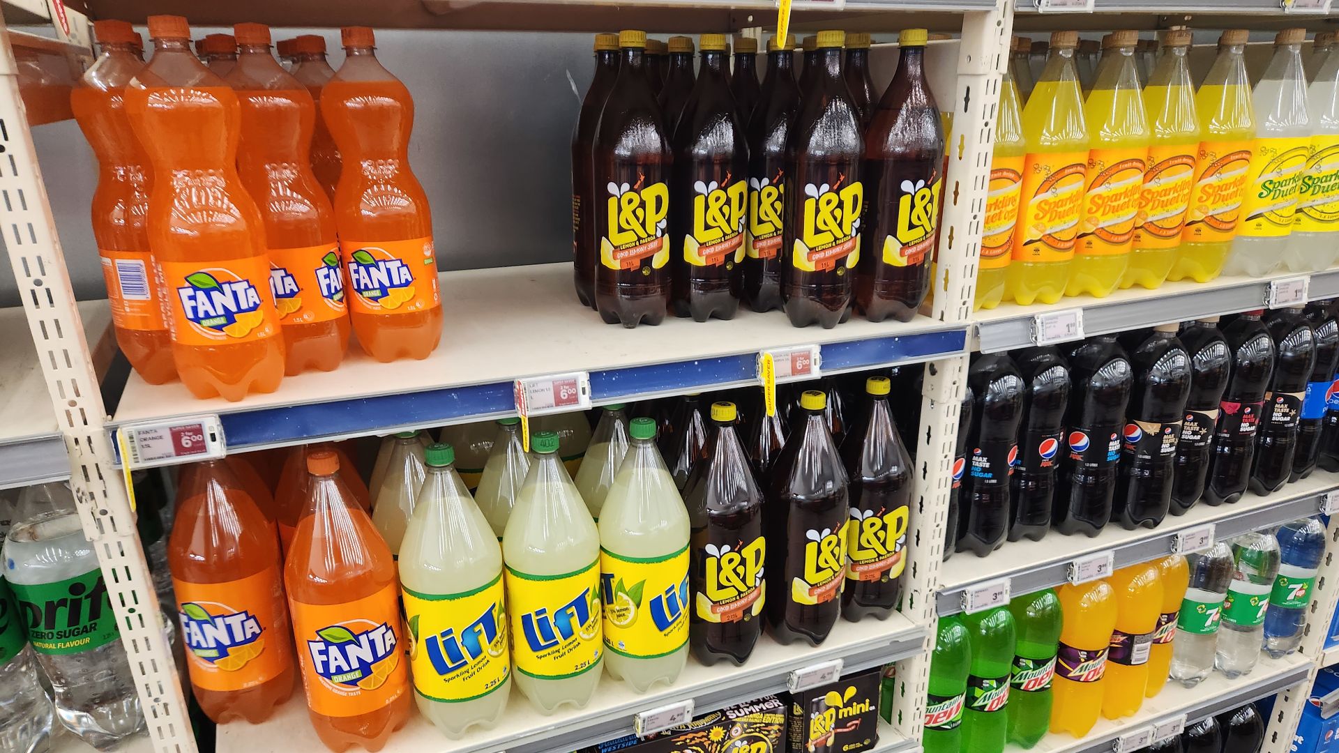 This is a photograph of a fizzy drink aisle in one of New Zealand's New World supermarkets.
