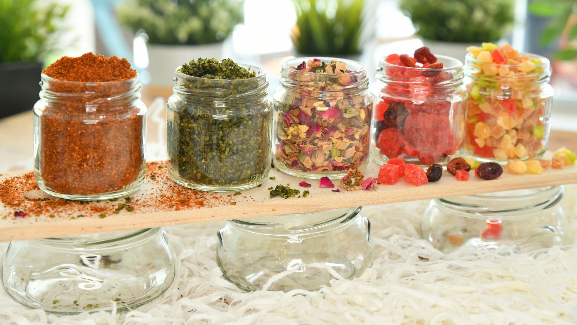 clear glass jars with spices