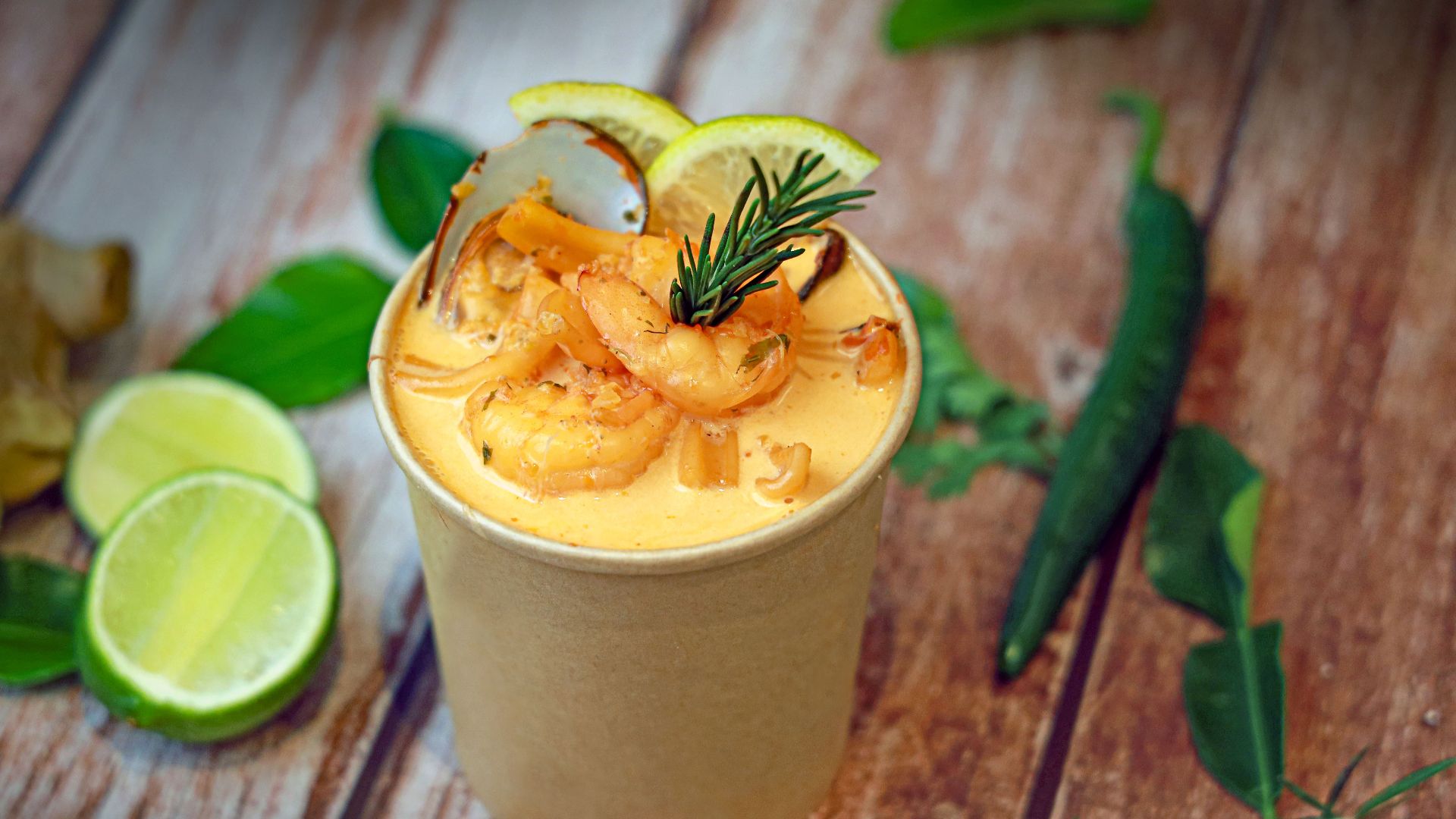 Creamy shrimp soup garnished with lime and fresh herbs on a rustic wooden table.
