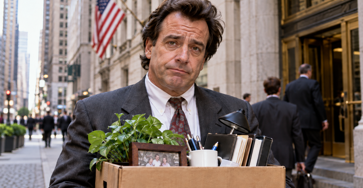 AI-generated image of a businessman holding a box outside an office building