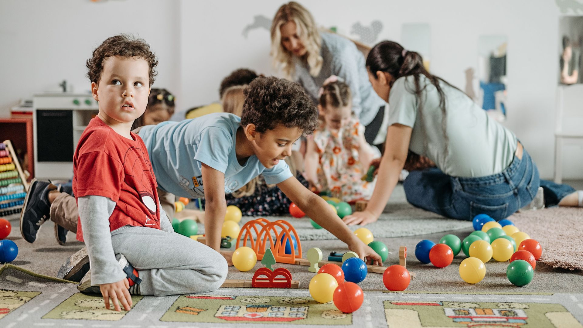 Kids engaging in play and learning activities at a kindergarten. Fun and colorful environment.