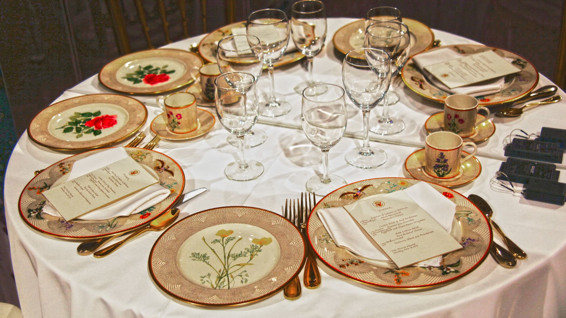 Place settings using the Lyndon Johnson White House china (used by the administration of Richard M. Nixon) on display at the Richard Nixon Presidential Library and Museum in Yorba Linda, California.  To replicate what an entire table of china would look l