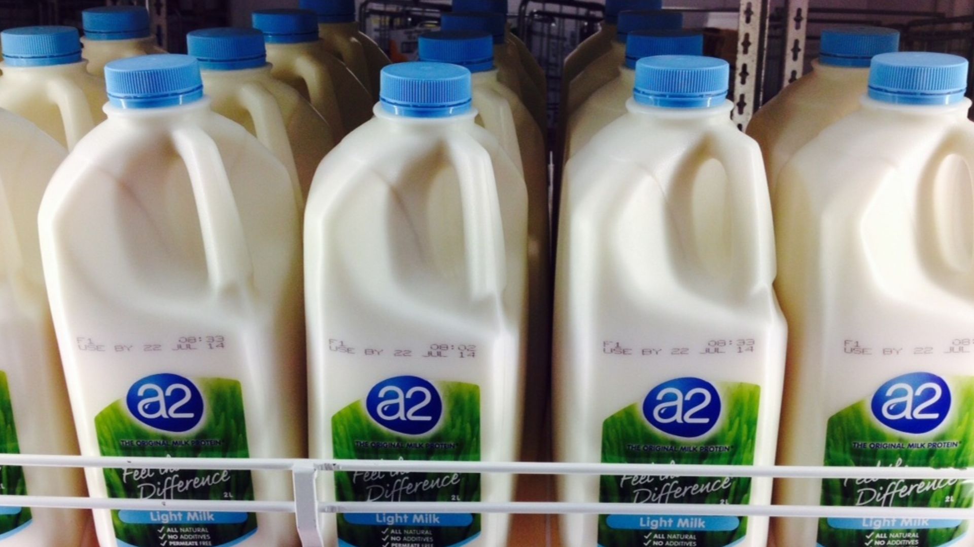 A2 brand milk in a supermarket fridge in Melbourne Victoria, Australia.
