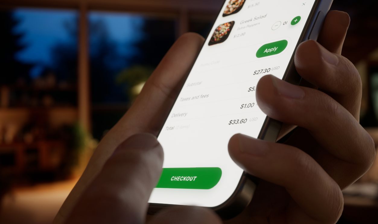 EXTREME CU Caucasian man using fictional food delivery application to make an order