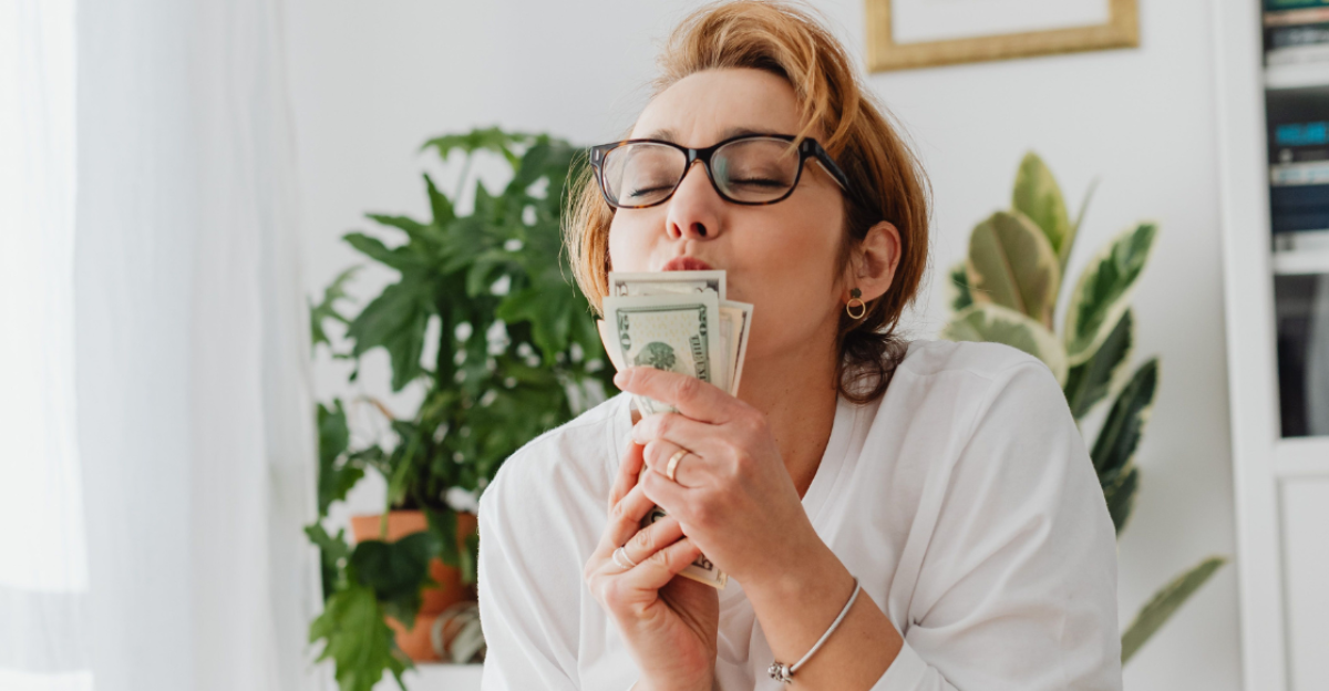 /woman-in-white-long-sleeve-shirt-kissing-banknotes