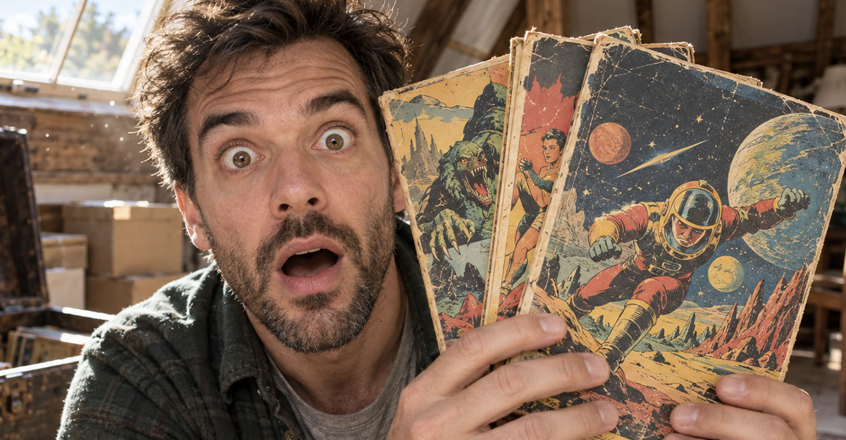 Man holding up vintage comic books