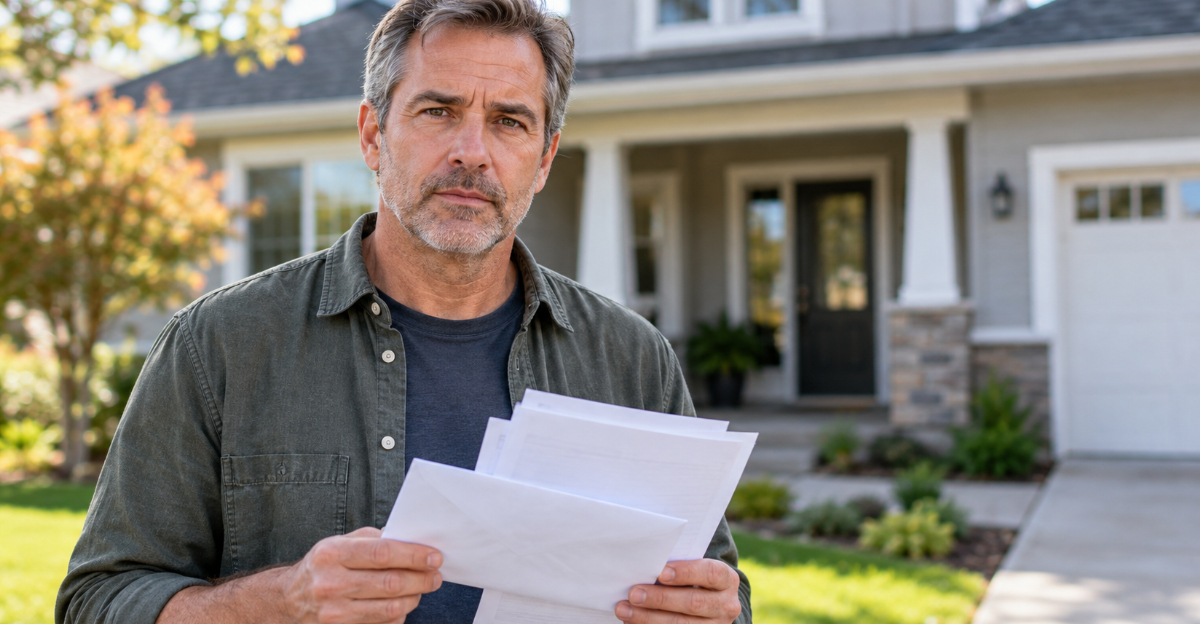 man holding papers standing in front of a house