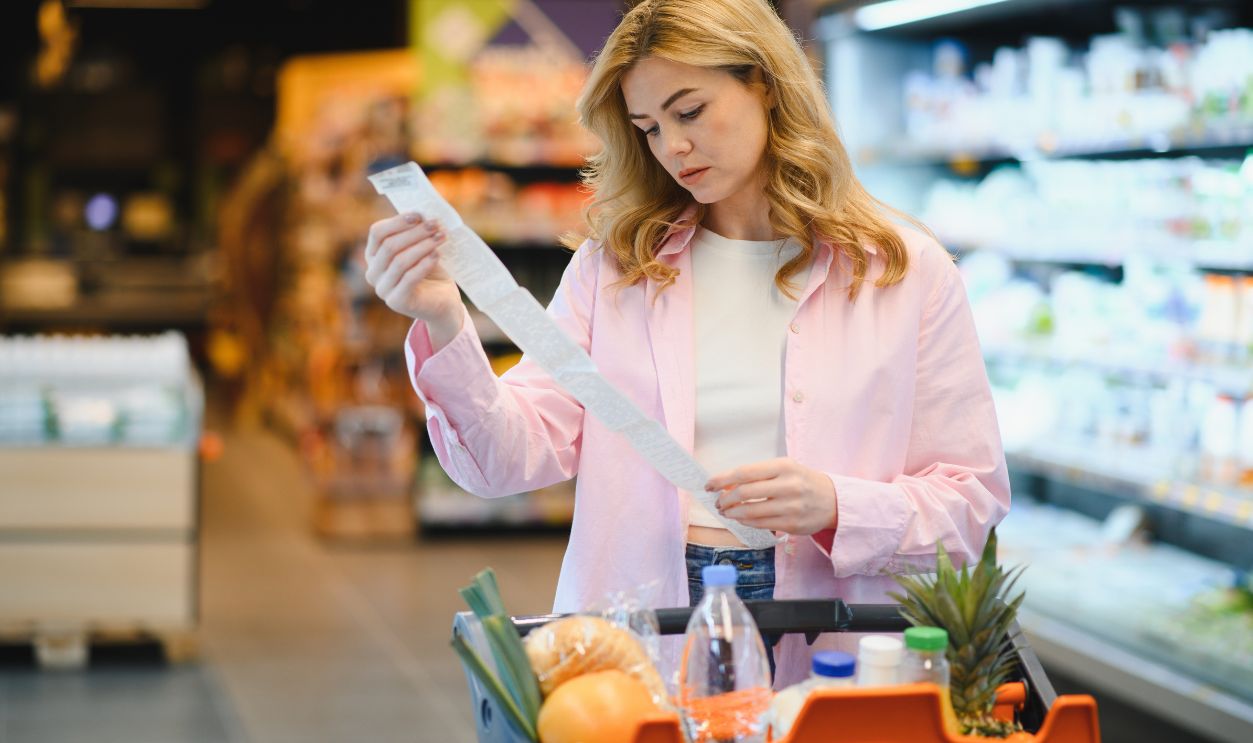 Shutterstock - 2782721055 - Woman analyzing shopping receipt in a supermarket aisle, comparing prices and managing her budget during grocery shopping.