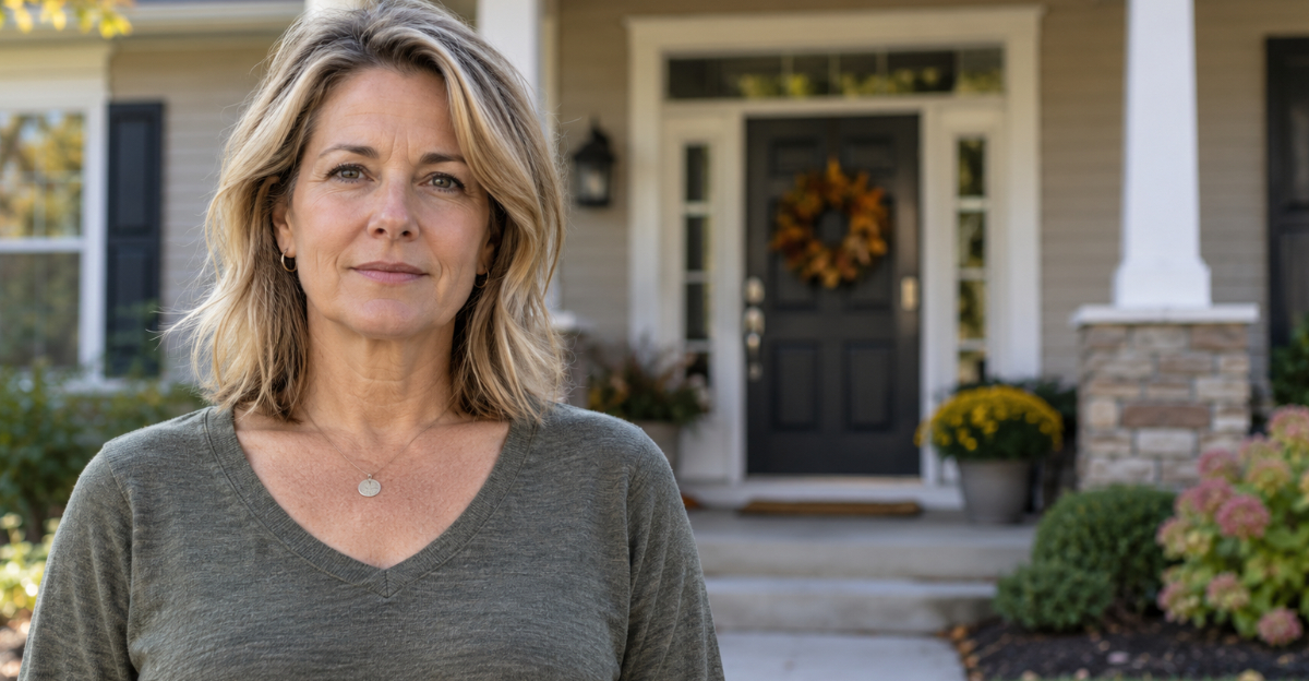 Woman standing in front of a house looking at camera