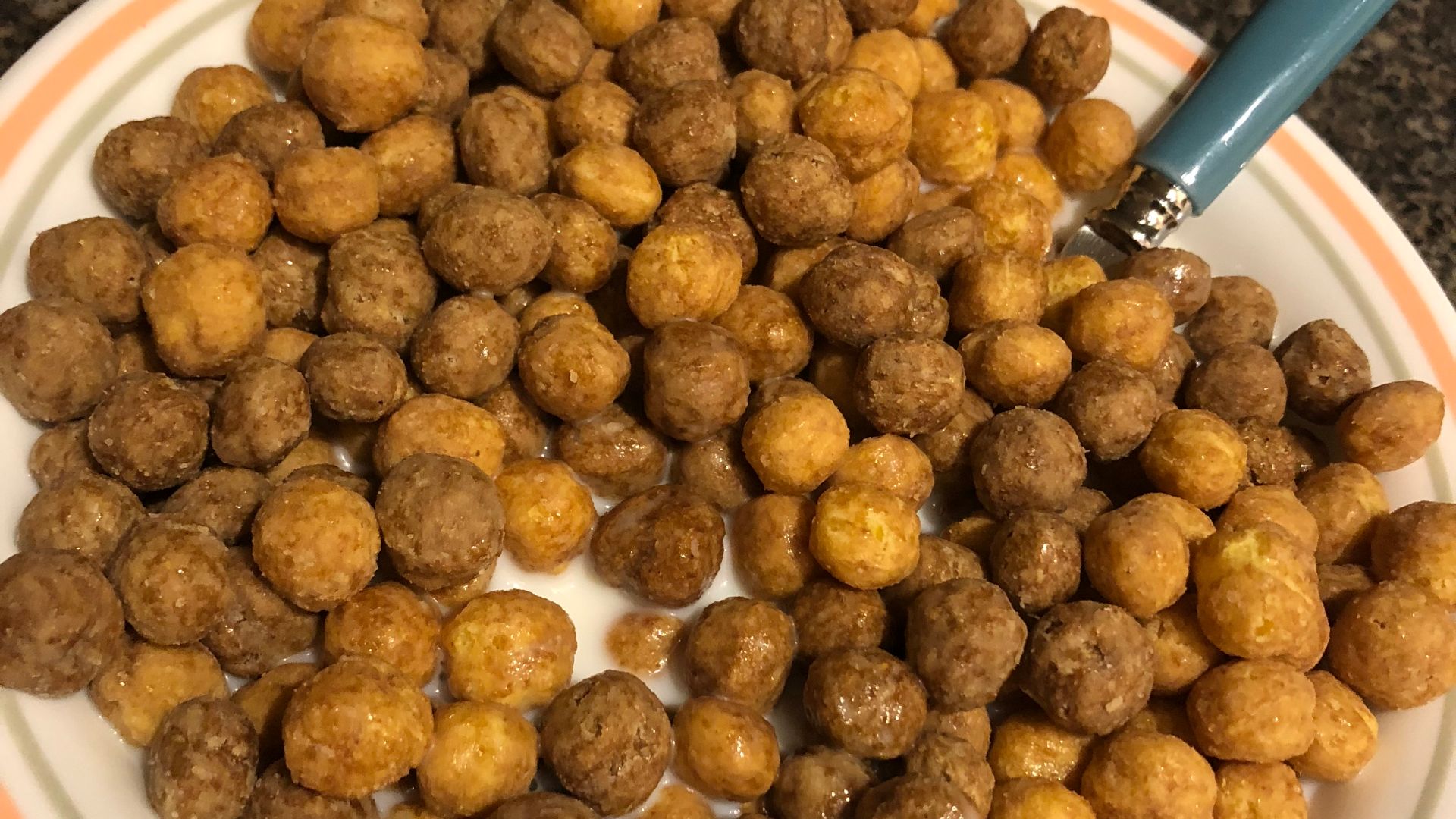 It's a bowl of Reese's Puffs cereal.