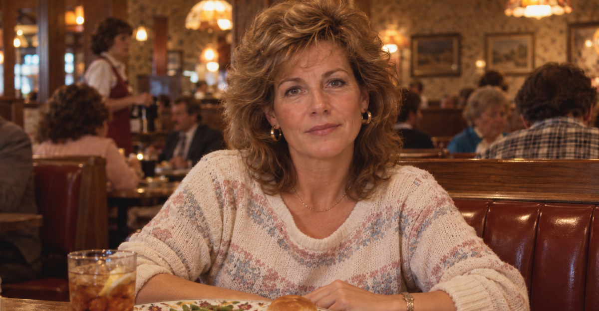 1980s restaurant, woman at table looking at camera