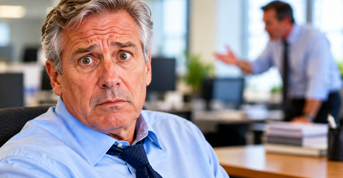 AI-generated image of a worried man sitting in office