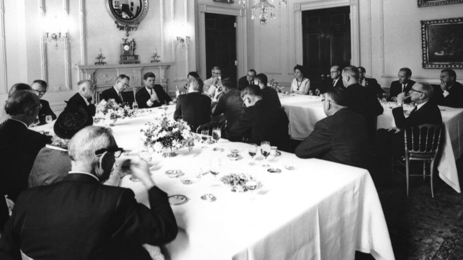 President John F. Kennedy attends a luncheon with publishers and editors from Colorado. Clockwise around outside of table (from bottom left): Publisher of the Trinidad Chronicle-News, Dominic Ozello; President of the Sterling Journal-Advocate, Anna C. Pet