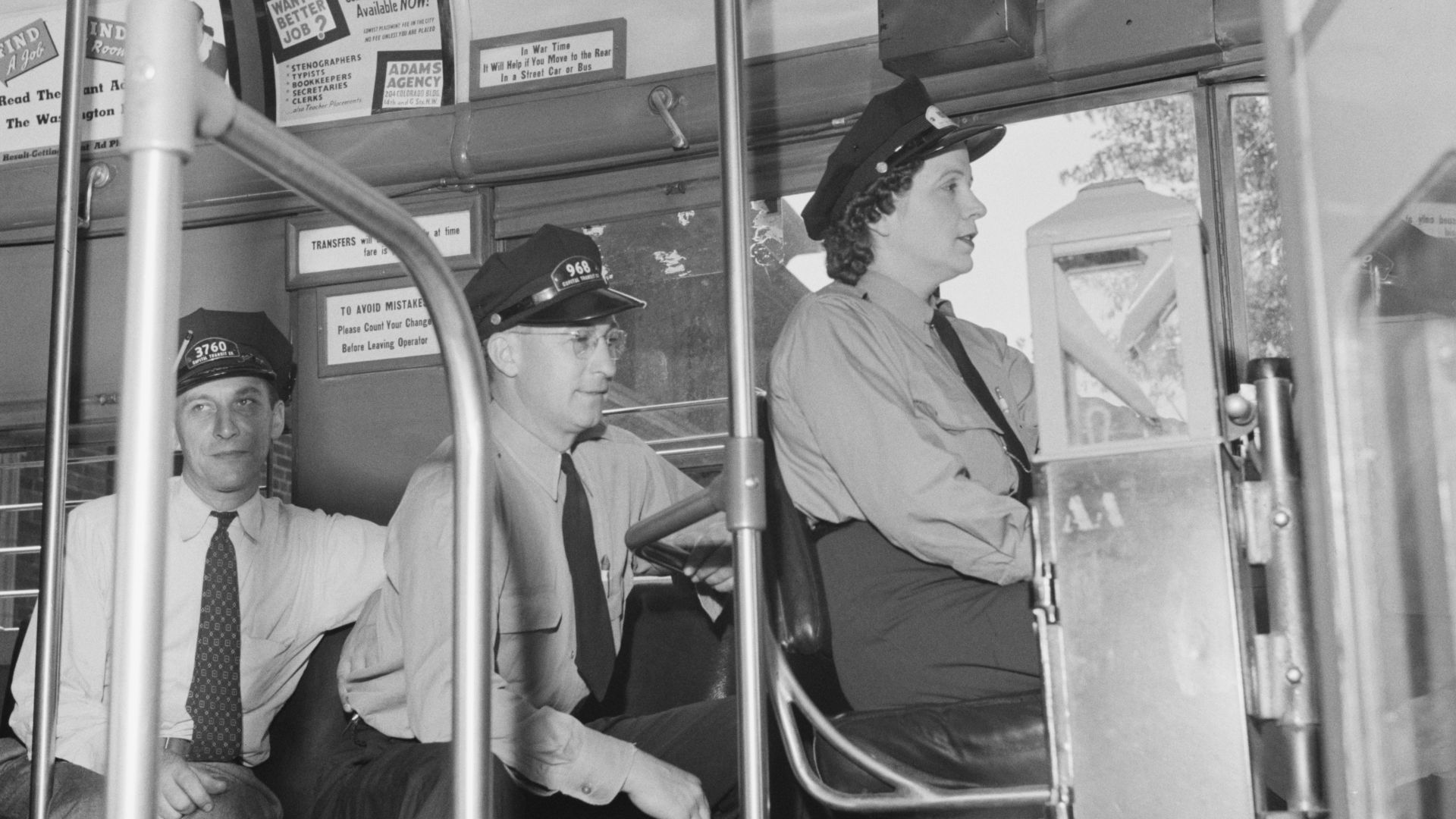 'Washington, D.C. An instructor of the Capitol Transit Company teaching a woman to operate a one-man streetcar.' Negative : nitrate ; 2 1/4 x 2 1/4 inches or smaller.  More information is available at https://www.loc.gov/exhibits/wcf/wcf0012.html where it