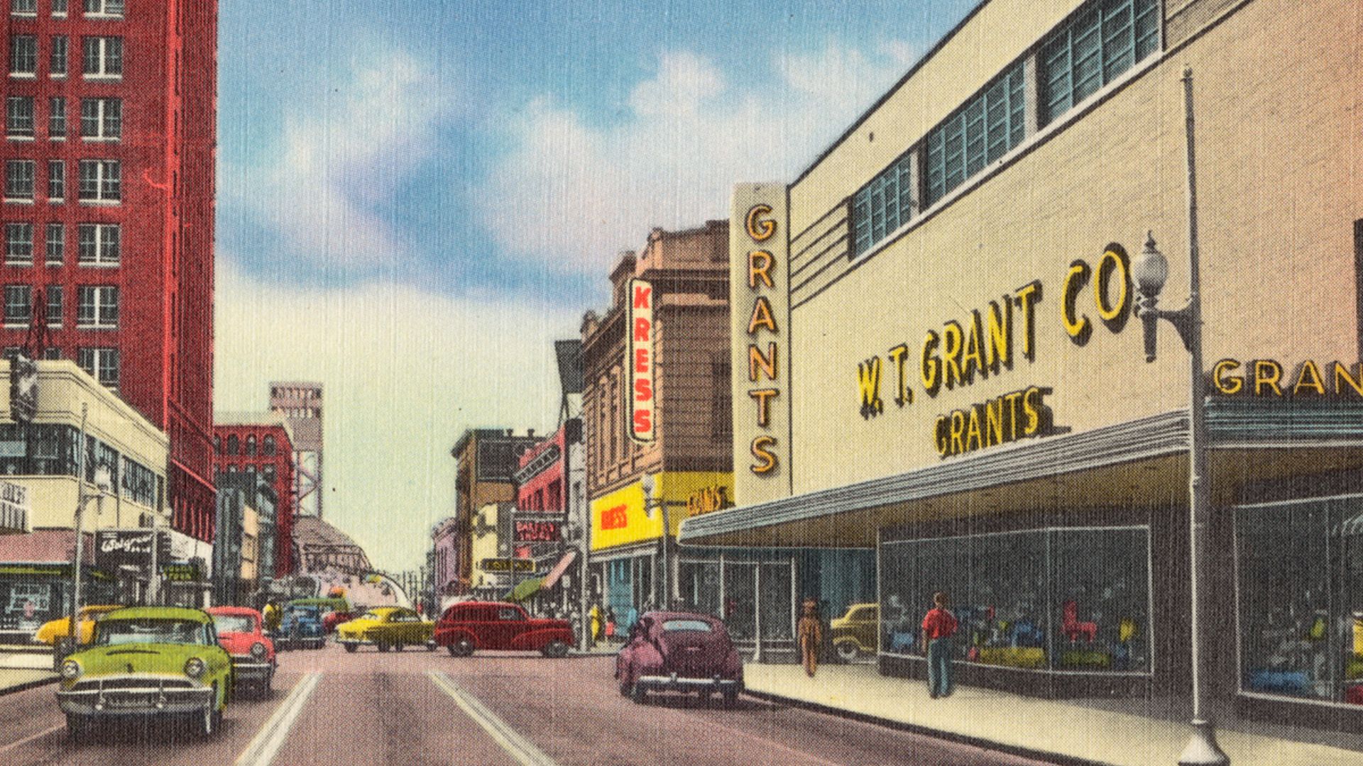 File name: 06_10_006832
Title: Main St., looking south, showing intersection at Adams St. Jacksonville, Florida
Date issued: 1930 - 1945 (approximate)
Physical description: 1 print (postcard) : linen texture, color ; 3 1/2 x 5 1/2 in.
Genre: Postcards 
Su