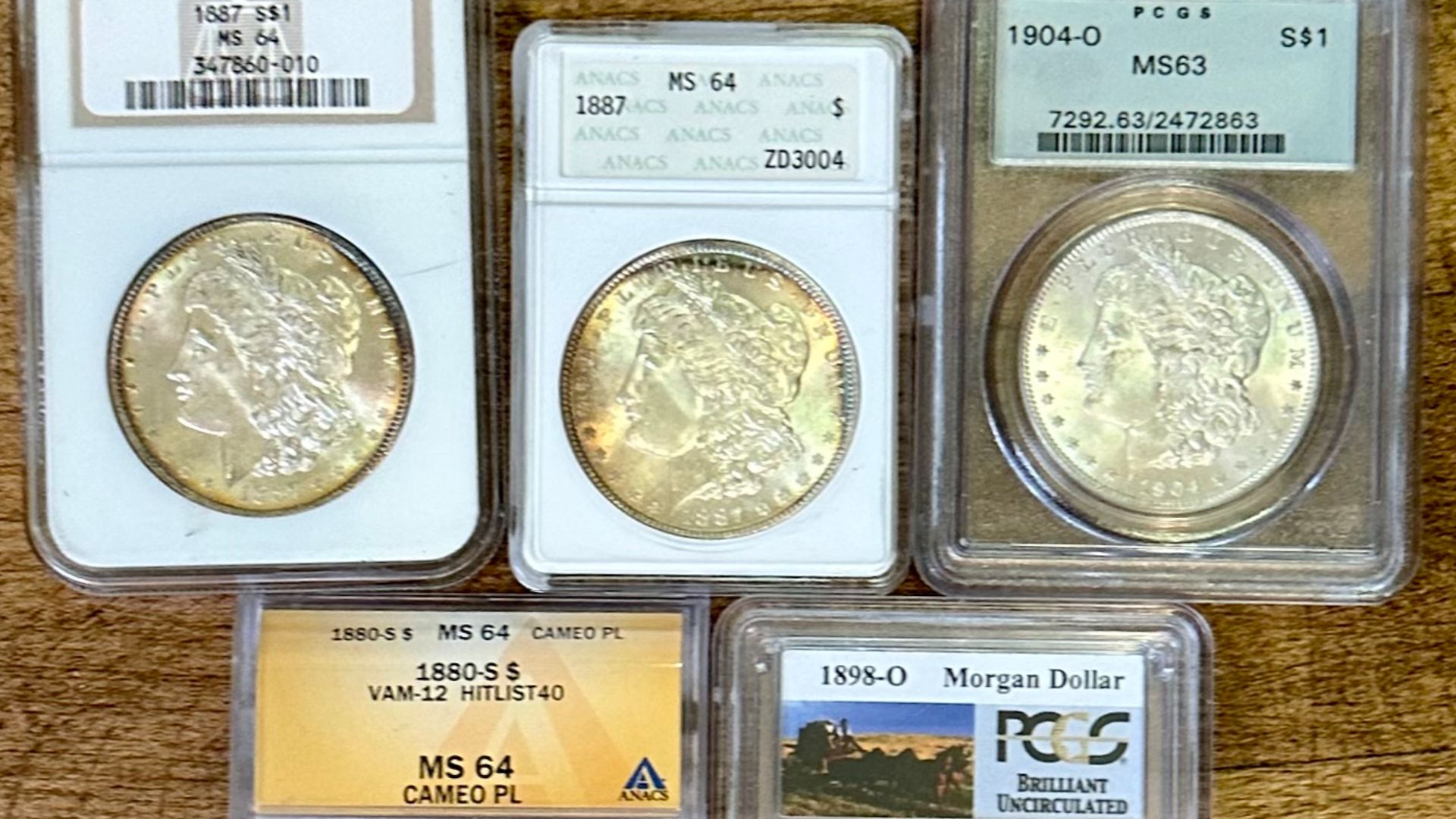 Variety of coin slabs. Top left NGC, ANCS, PCGS, bottom left ANCS, PCGS