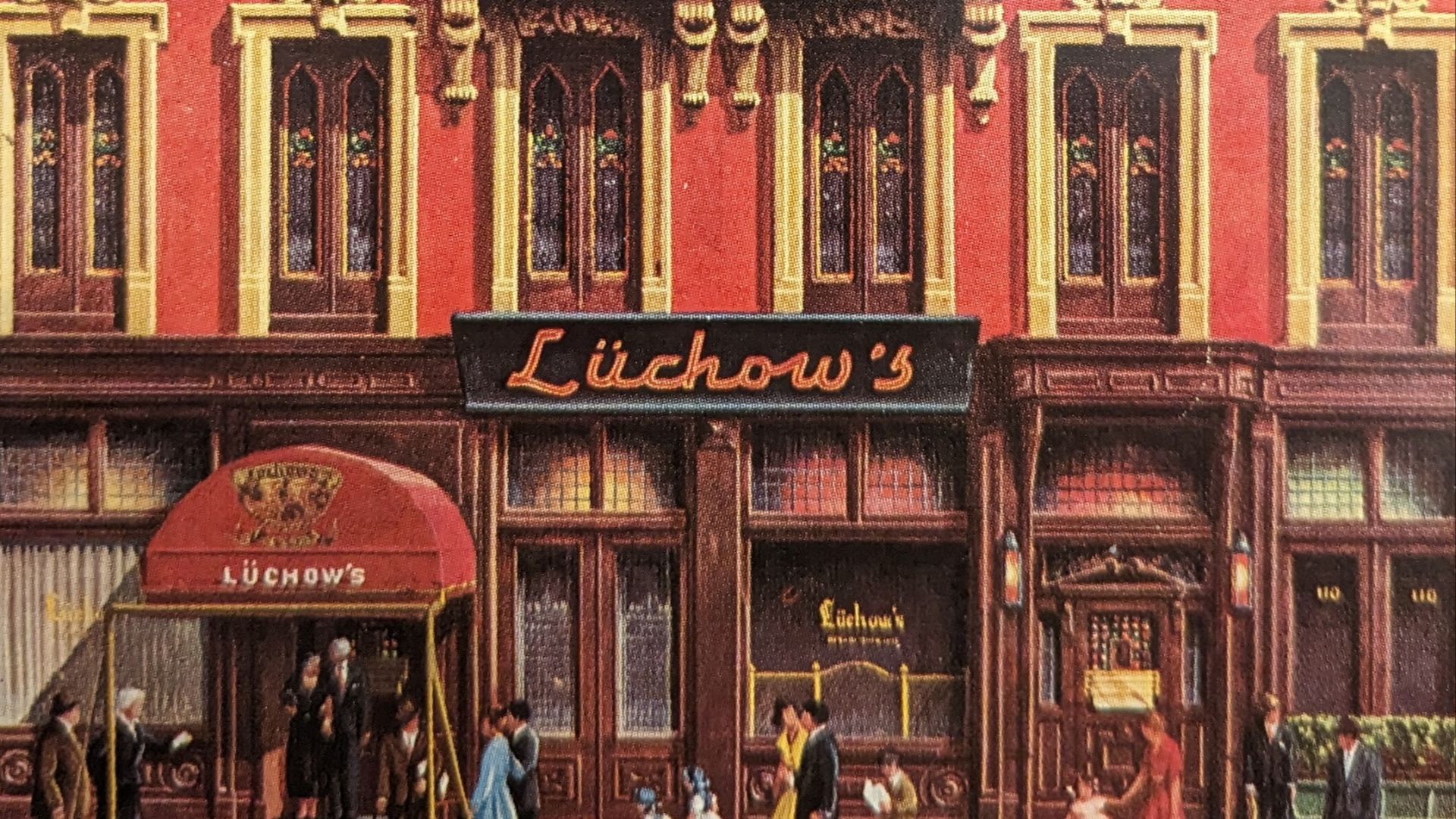 Caption from postcard: 80th Anniversary. Renowned for its superb food, imported beers, and fine wines, Luchow's, The Gourmets' Rendezvous Since 1882, continues to be the favorite eating place of the world's celebrities. Open every day except Monday.