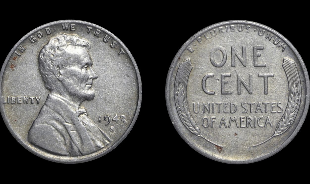 WWII 1943-S (San Francisco mint) USA 1-cent coin. Only year that they were made out of zinc-coated steel (to save copper for war effort). Lincoln design used from 1909 to present. Isolated on black.