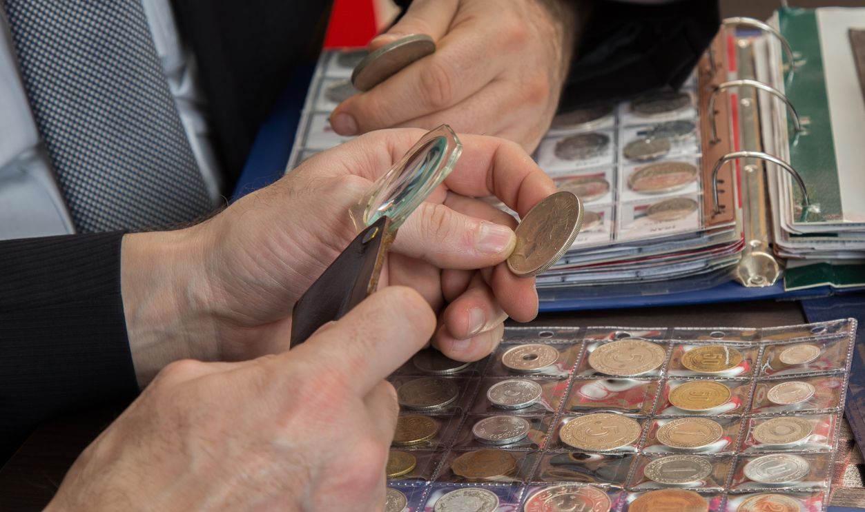 Two numismatists examines  collection of coin