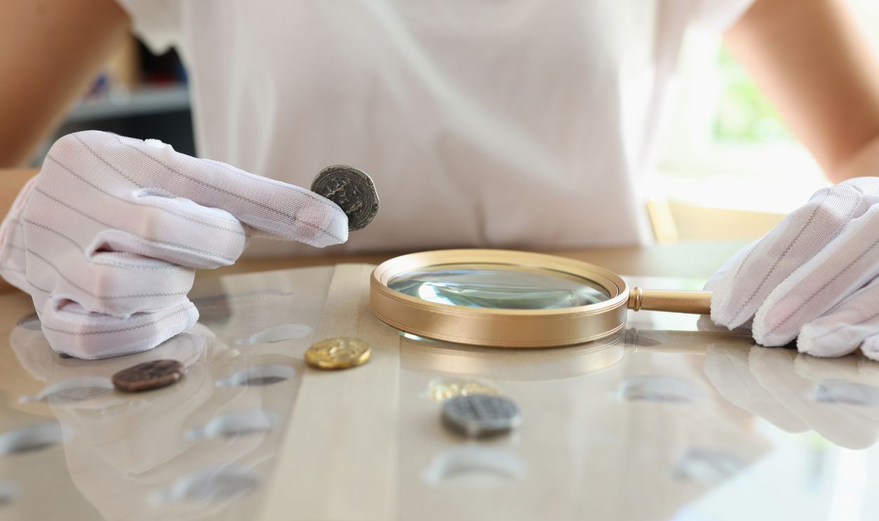 Numismatist in white gloves examines ancient coins collection at table. Close-up of woman with magnifying glass values coins.