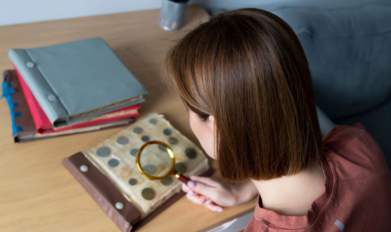 A passionate numismatist examines purchased old and ancient coins with a magnifying glass	