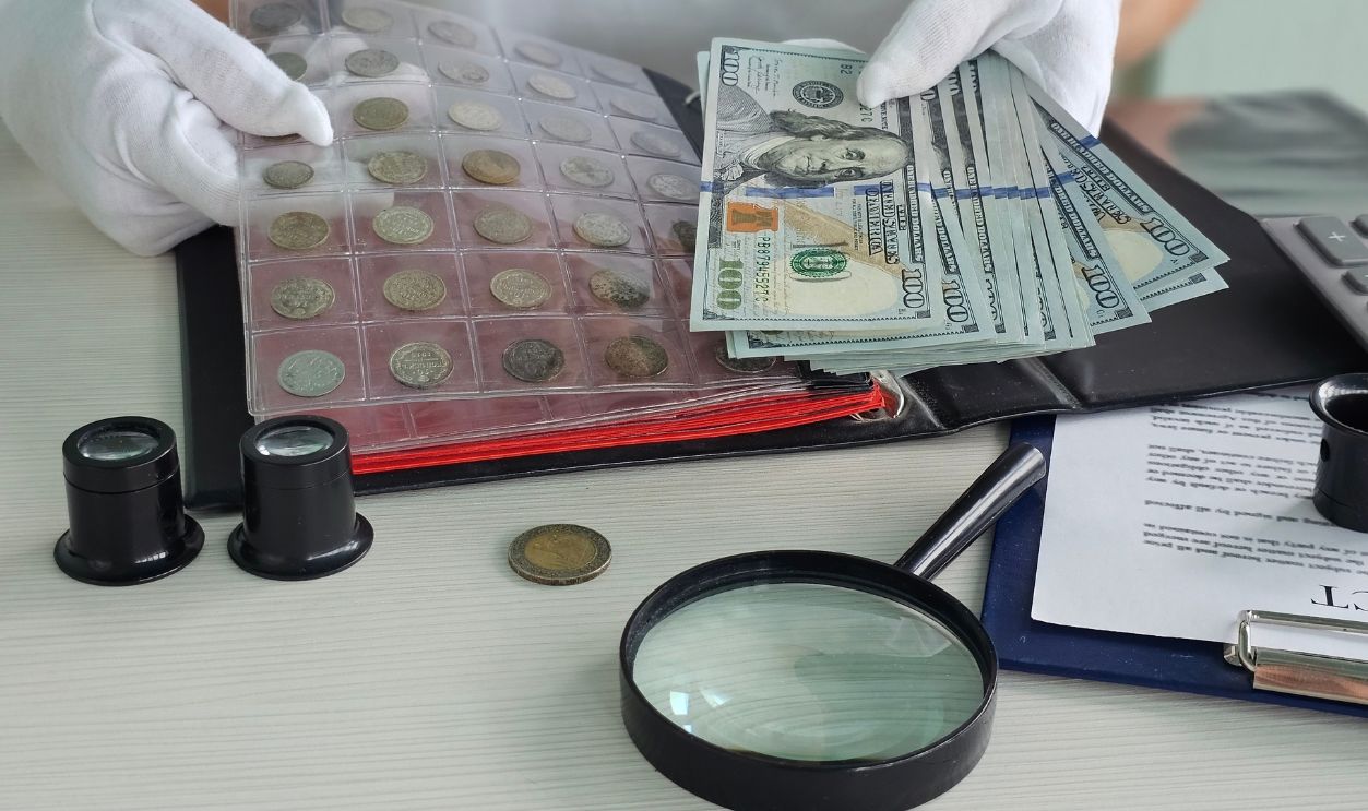 A person is carefully arranging a collection of coins within a binder while holding several hundred-dollar bills