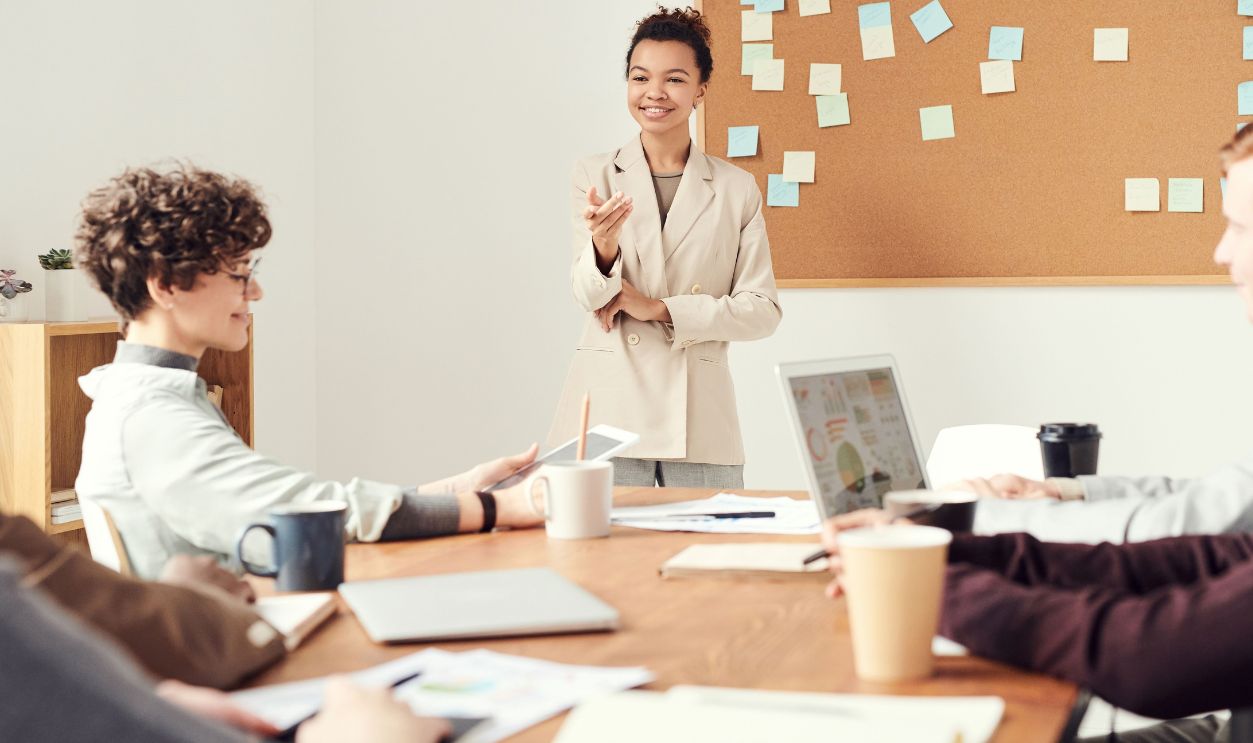 Business team brainstorming and discussing ideas in a modern office