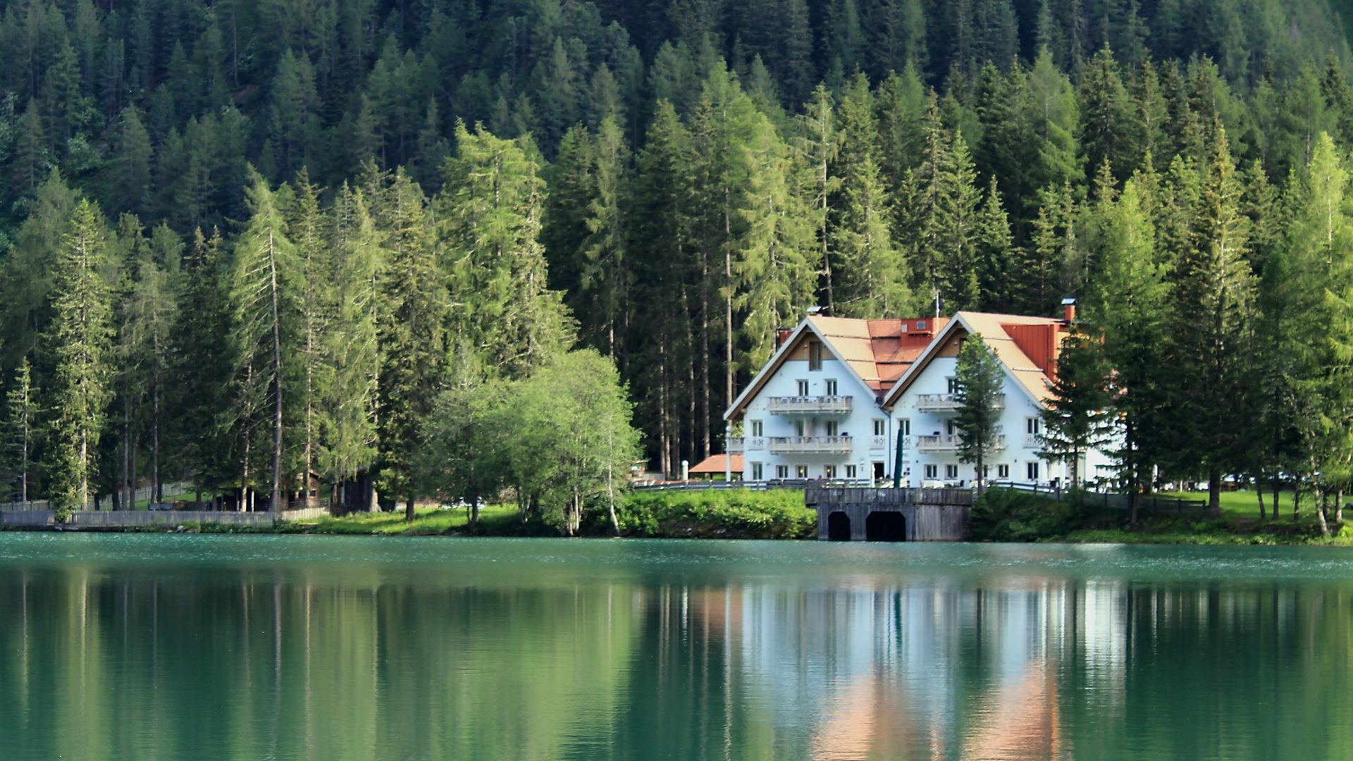 white and brown house near lake and green trees during daytime