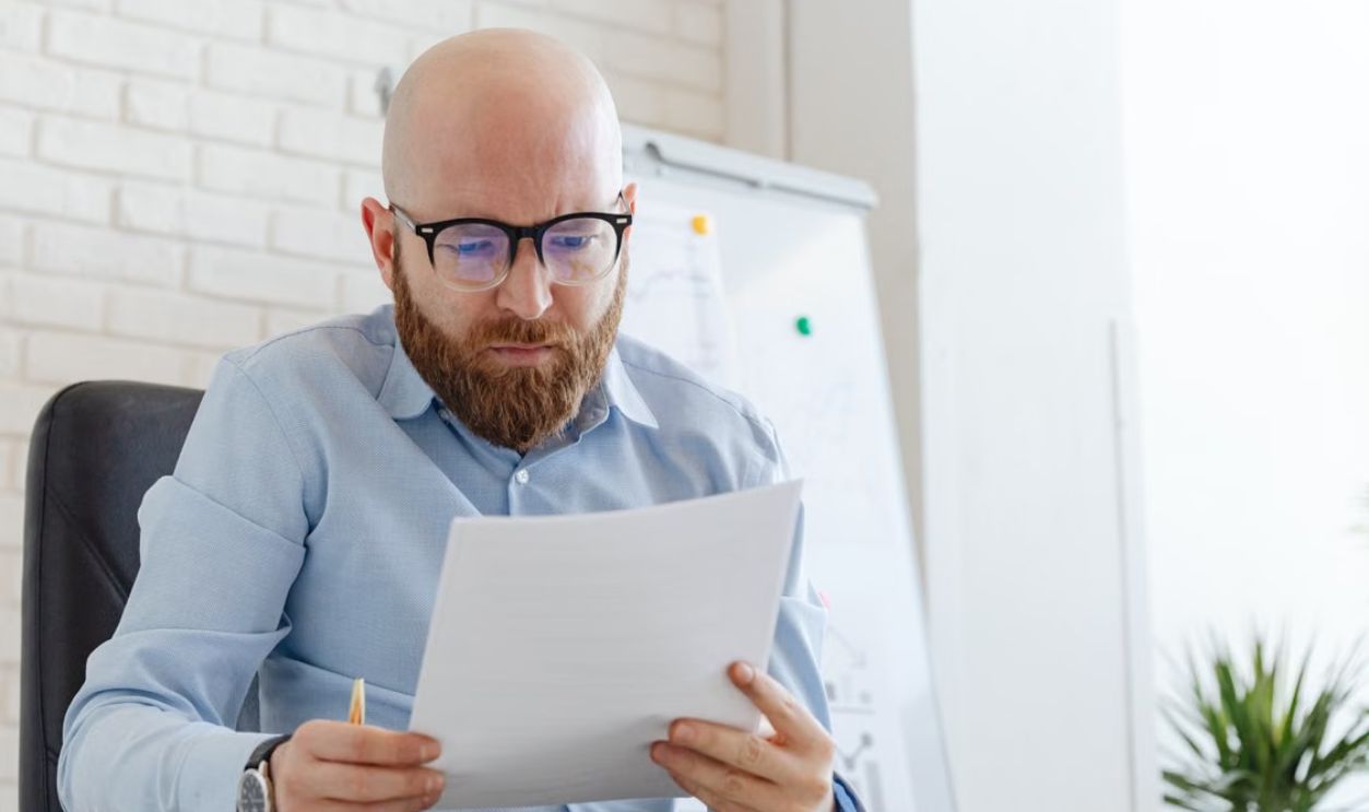 A businessman with a beard and eyeglasses reviewing documents in an office setting