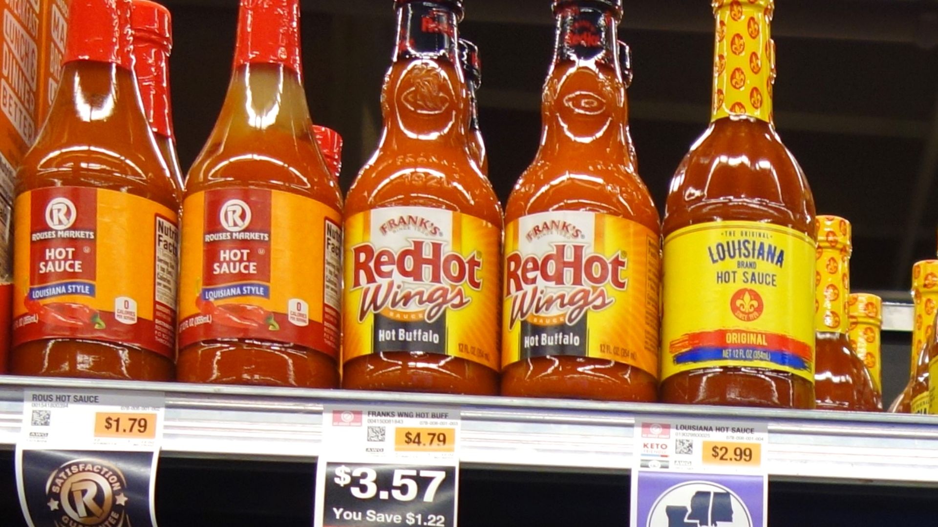 Hot sauce shelves in Rouses Market, New Orleans January 2025