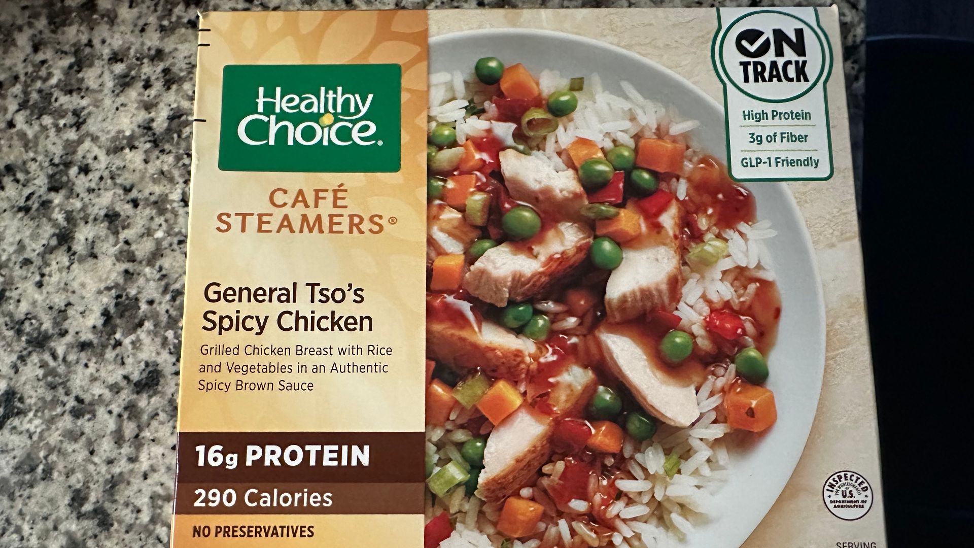 A box of Healthy Choice Cafe Steamers General Tso's Spicy Chicken meal