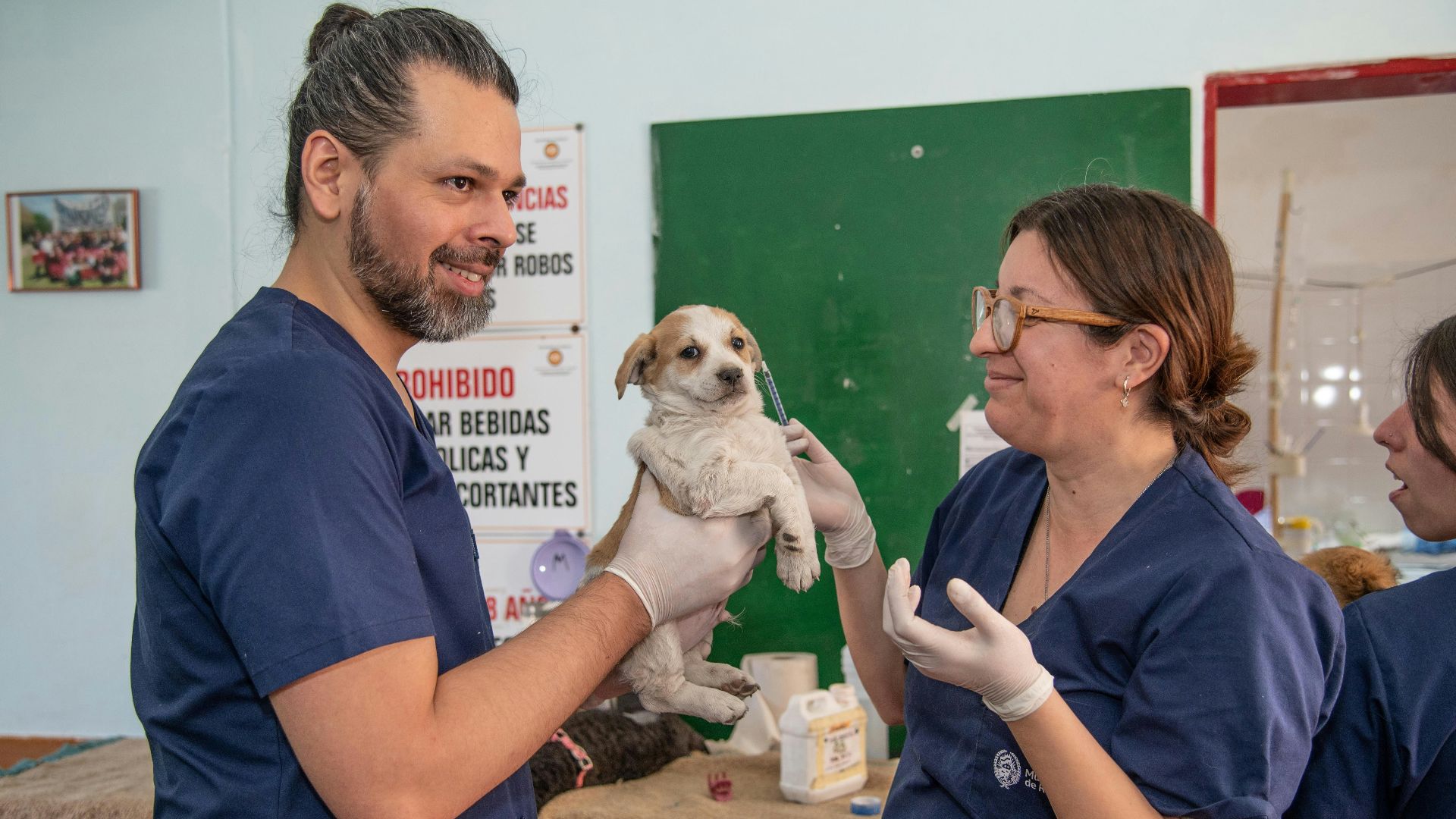 a man holding a small dog in a room