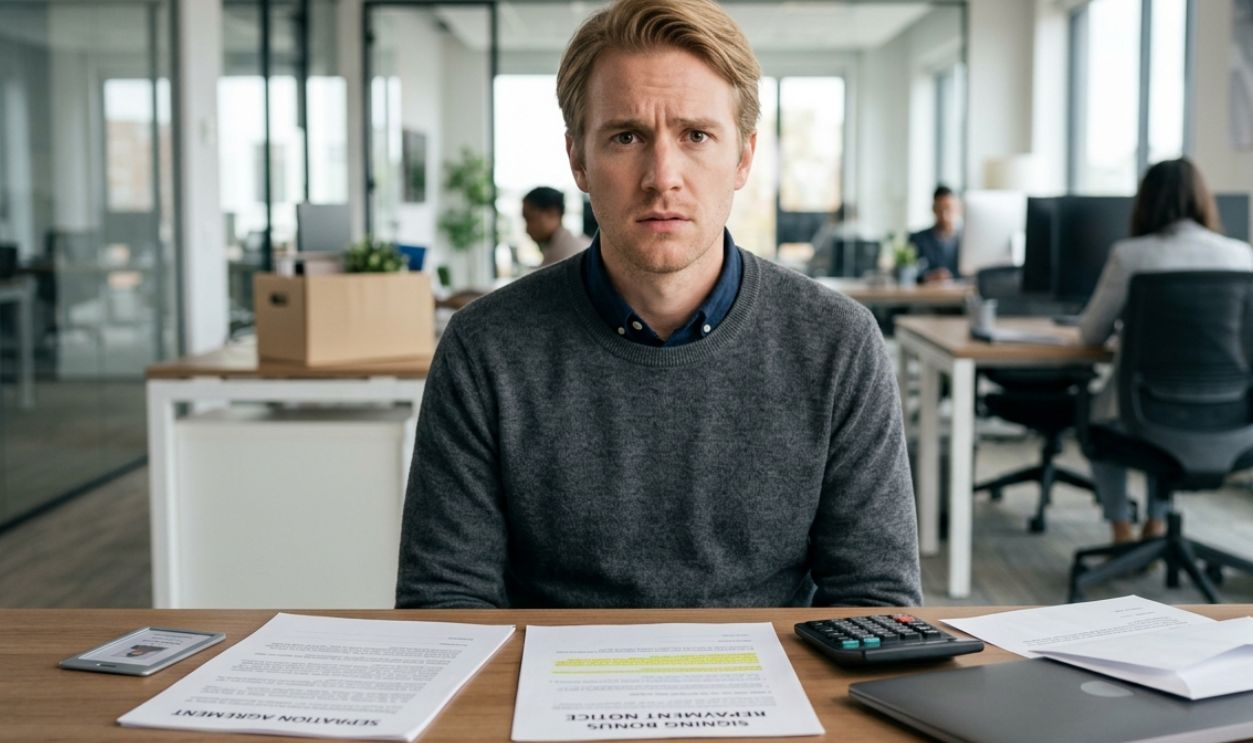 disappointed man with signing bonus repayment notice in office