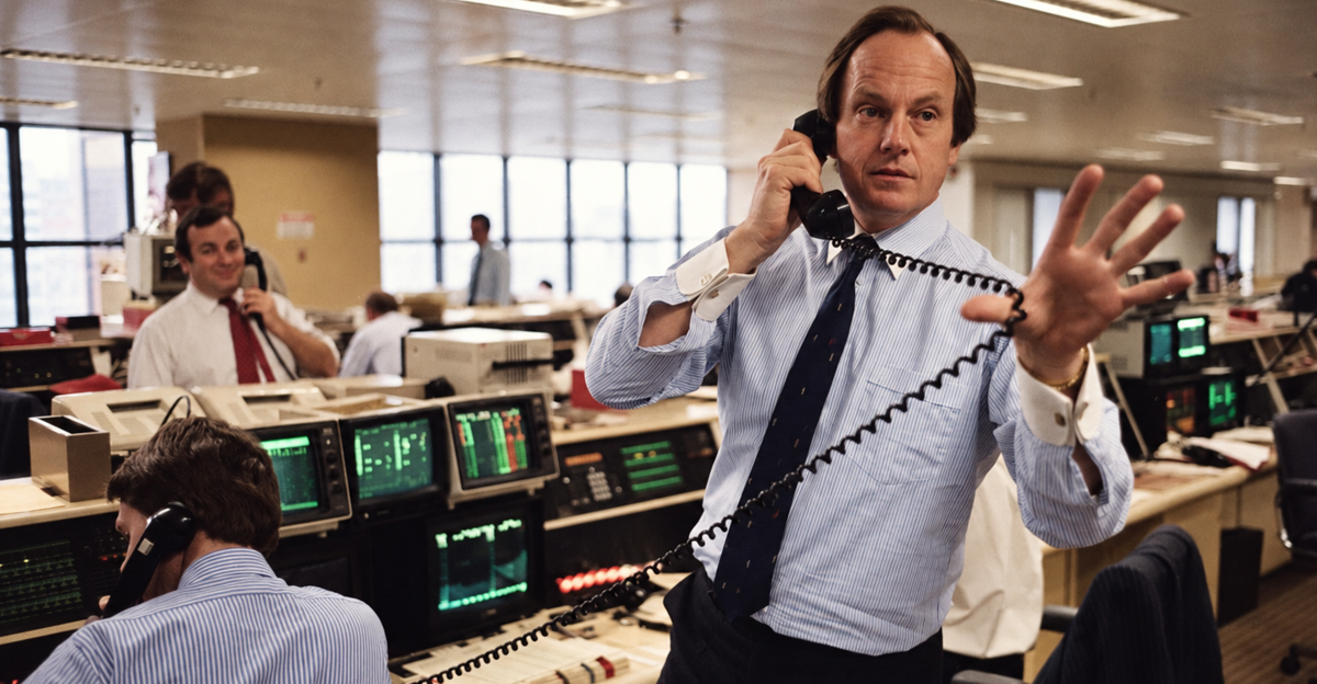 Stockbrokers trading in the gilts dealing room at Greenwell Montagu in London, UK, Oct. 30, 1987; colorized using generative AI