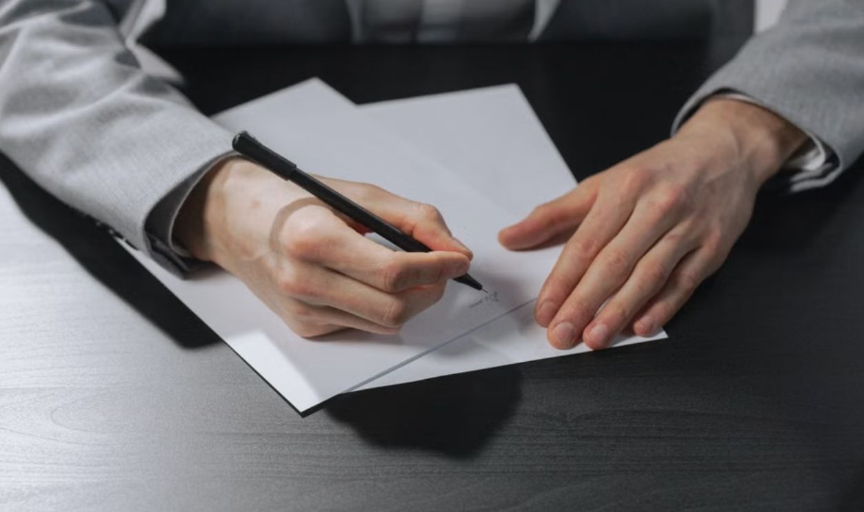 Professional hands signing a document in an office setting for business purposes