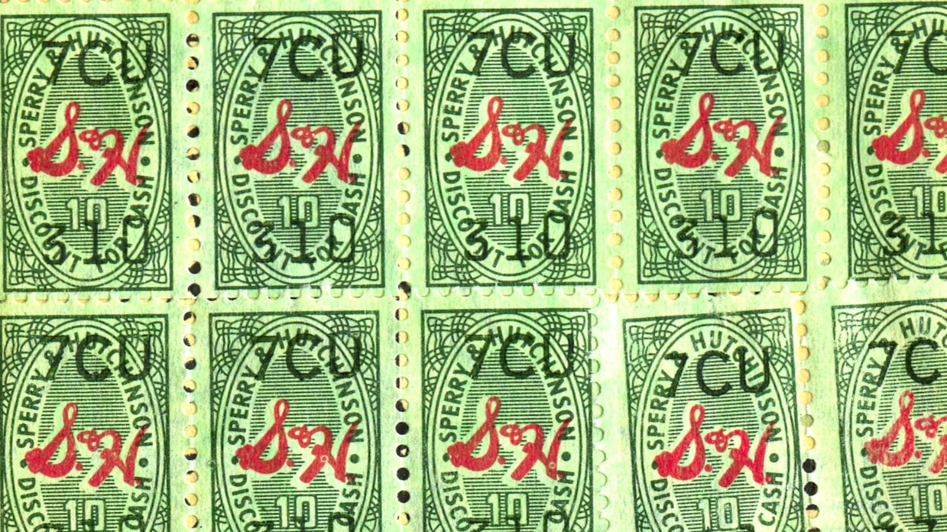 Thirty S & H Green Stamps pasted onto a collection page (including two intact 10-stamp sheets, rows 1-2 and 4-5).