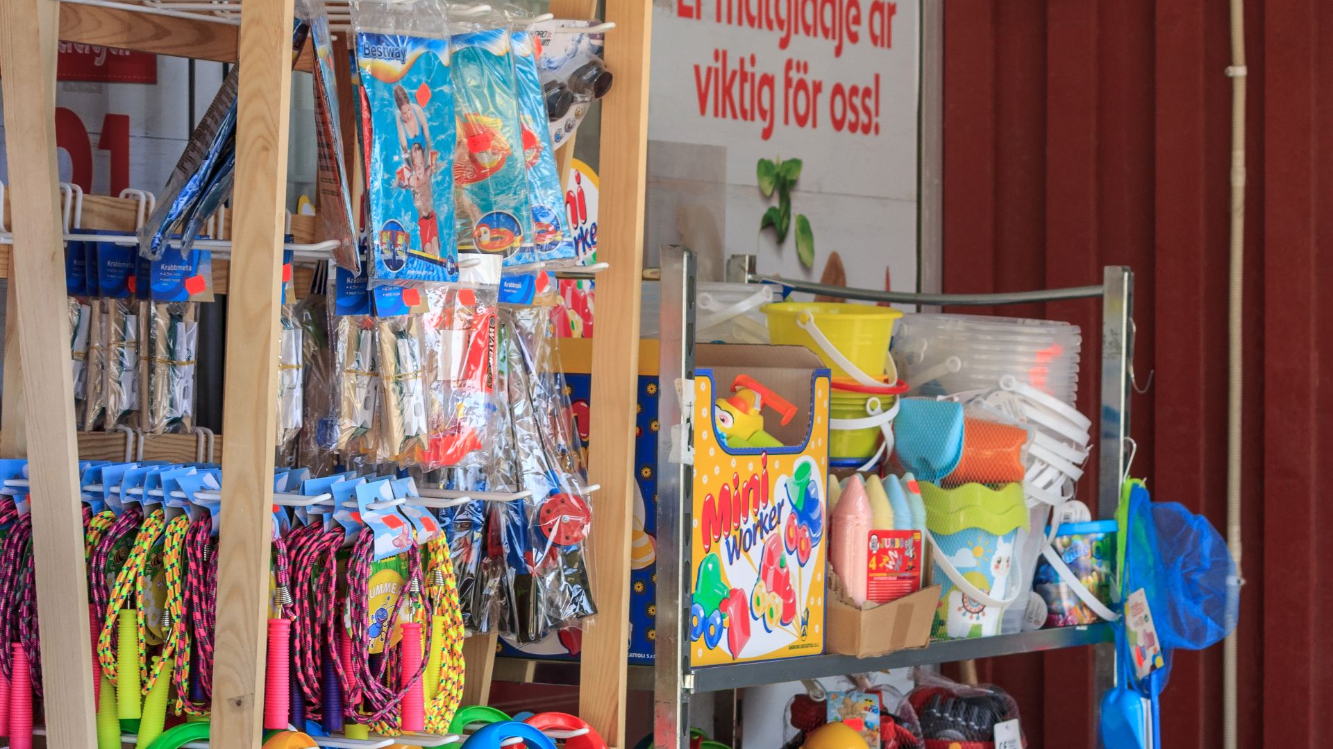 Summer toys in ICA Nära supermarket in Brastad, Lysekil Municipality, Sweden.