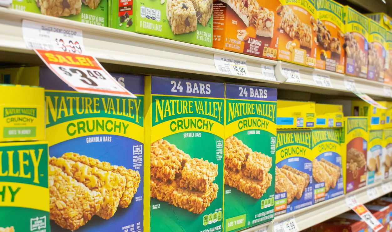 Los Angeles, California, United States - 02-01-2023: A view of several packages of Nature Valley Crunchy granola bars, on display at a local grocery store.