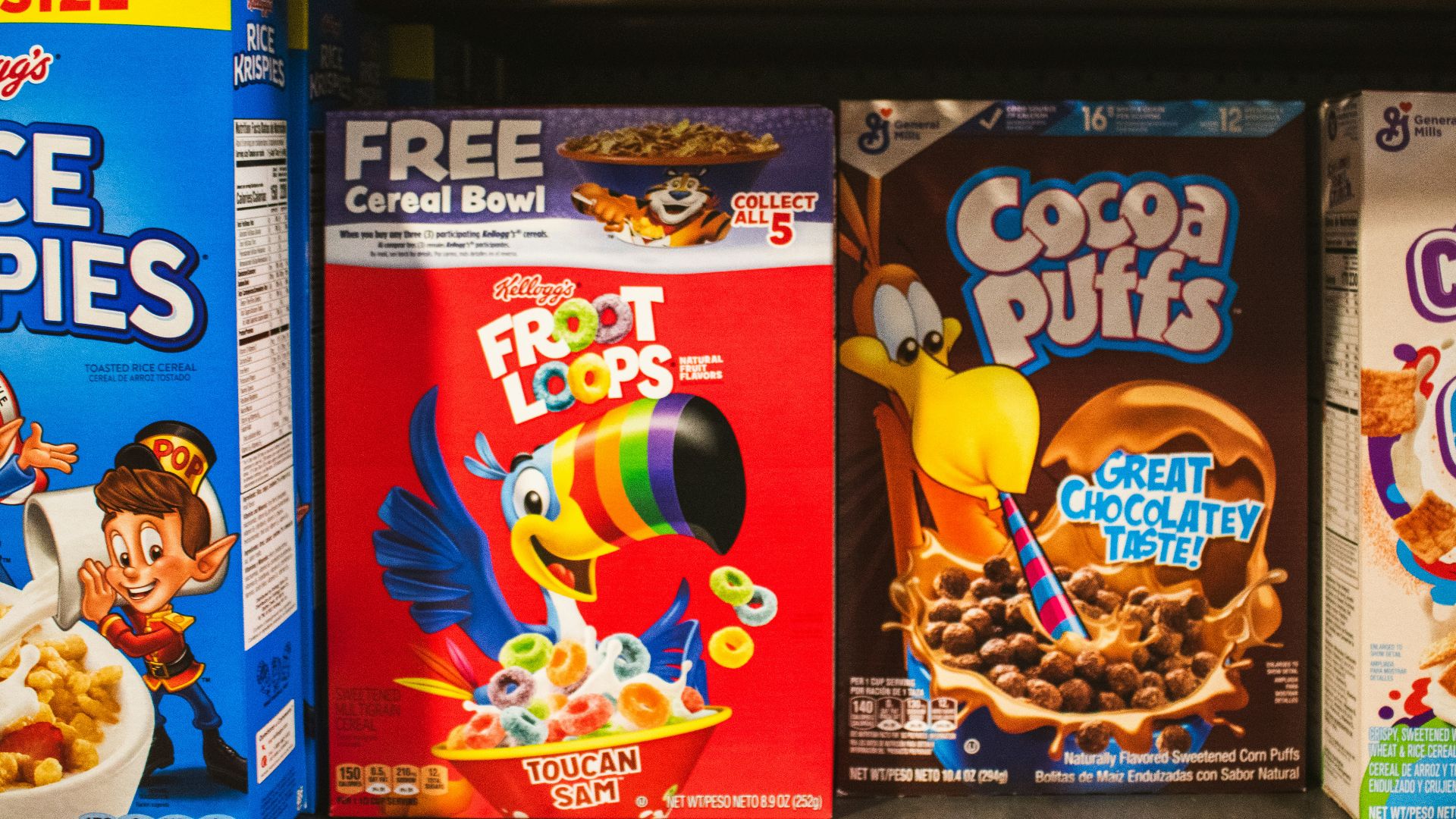 Cereal boxes displayed on a supermarket shelf