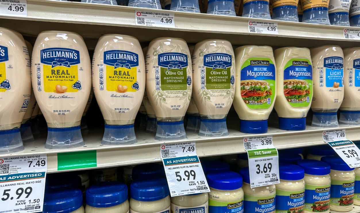 Valparaiso, IN USA - July 24, 2024 - Containers of Mayonnaise on a grocery store shelf