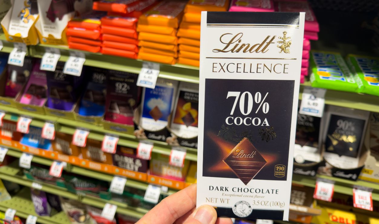Los Angeles, CA - January 4, 2025: Lindt Excellence 70 Percent Cocoa Dark Chocolate Bar Grocery Aisle.