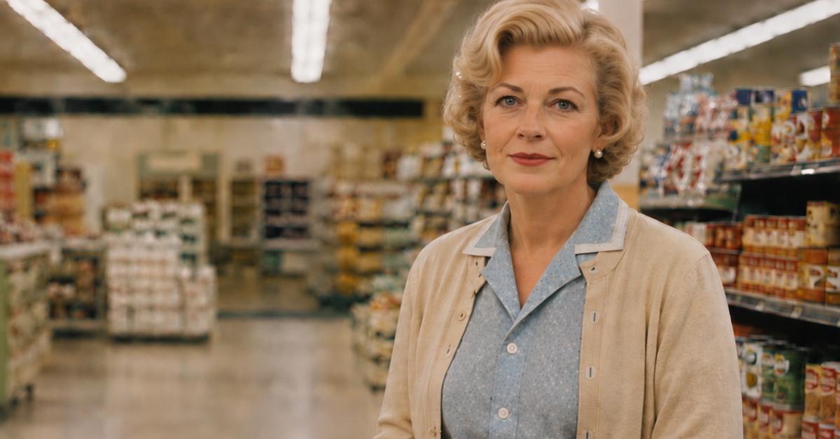 1960s grocery store, woman looking at camera