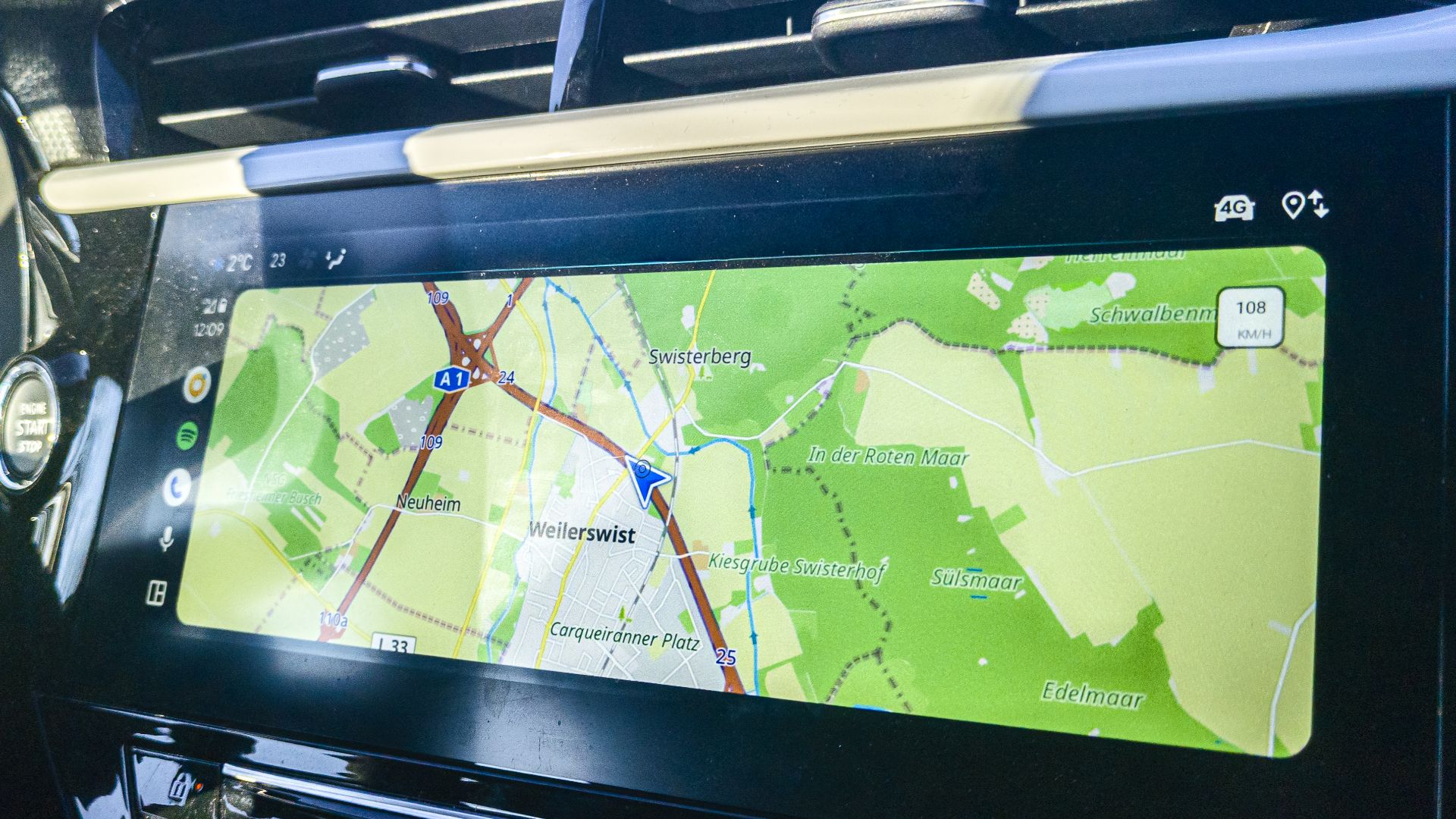 OSMAnd map on the screen of the infotainment system of an Opel car. Android Auto is used to share the smartphone screen