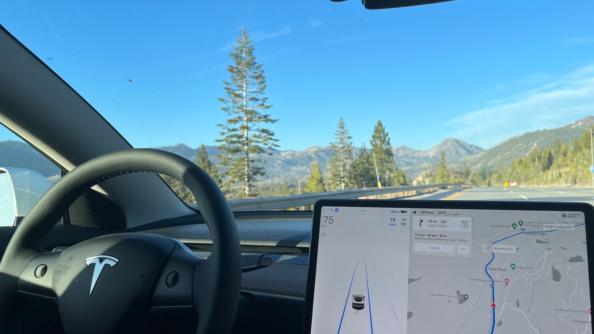 Tesla Autopilot engaged on I-80 near Lake Tahoe