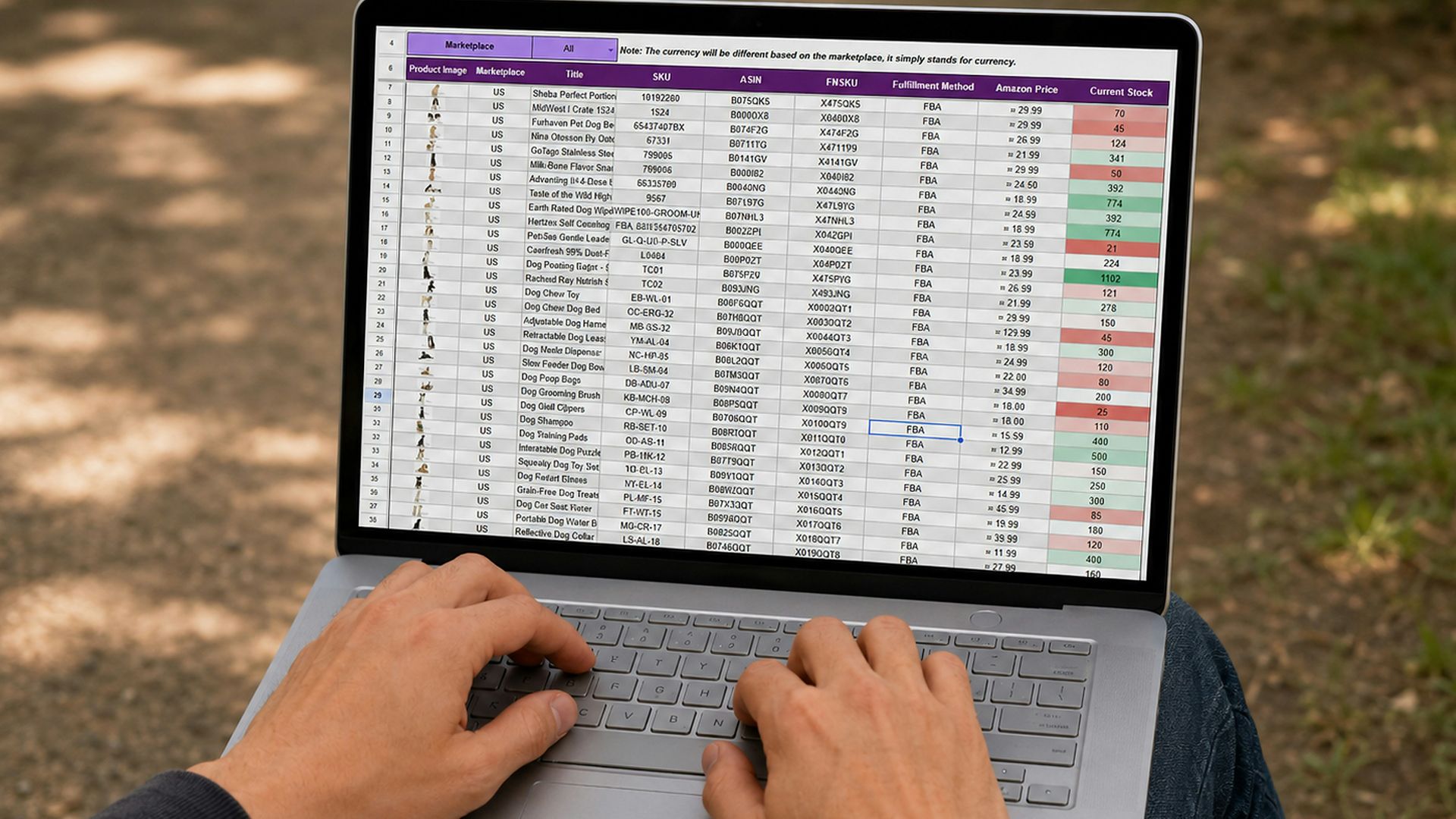 Person working on a laptop with a spreadsheet outdoors