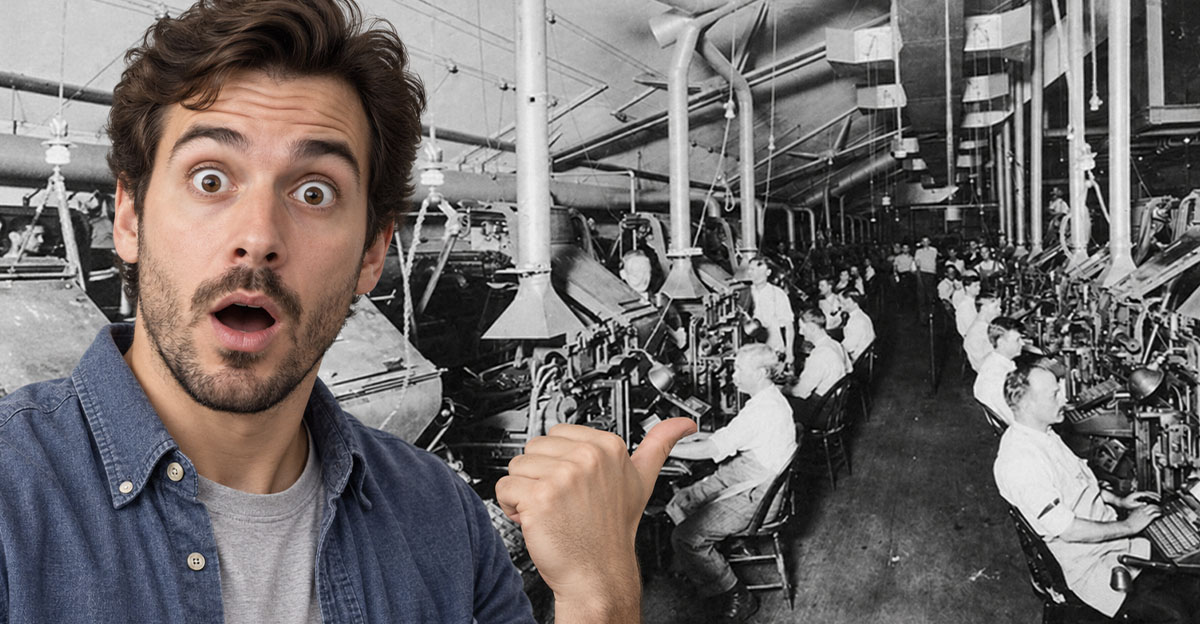 Shocked man with an old newspaper publishing factory in the background