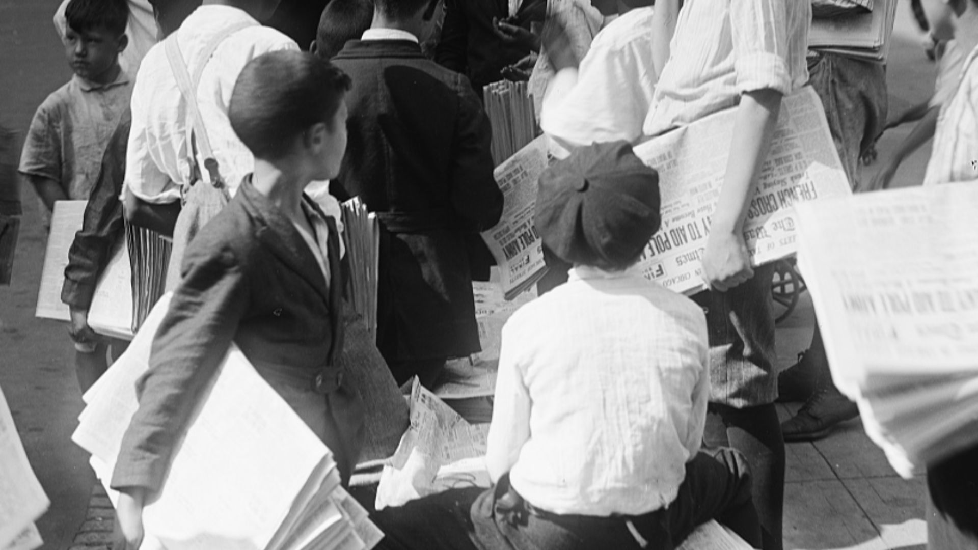 Newspaper boys, likely in Washington, D.C., photographed between 1915 and 1923